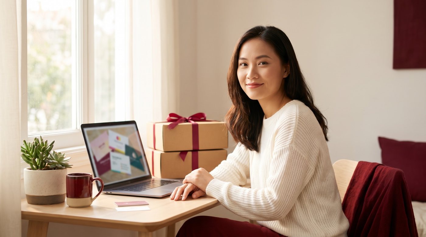 Chủ shop online làm việc bên laptop cạnh những hộp hàng